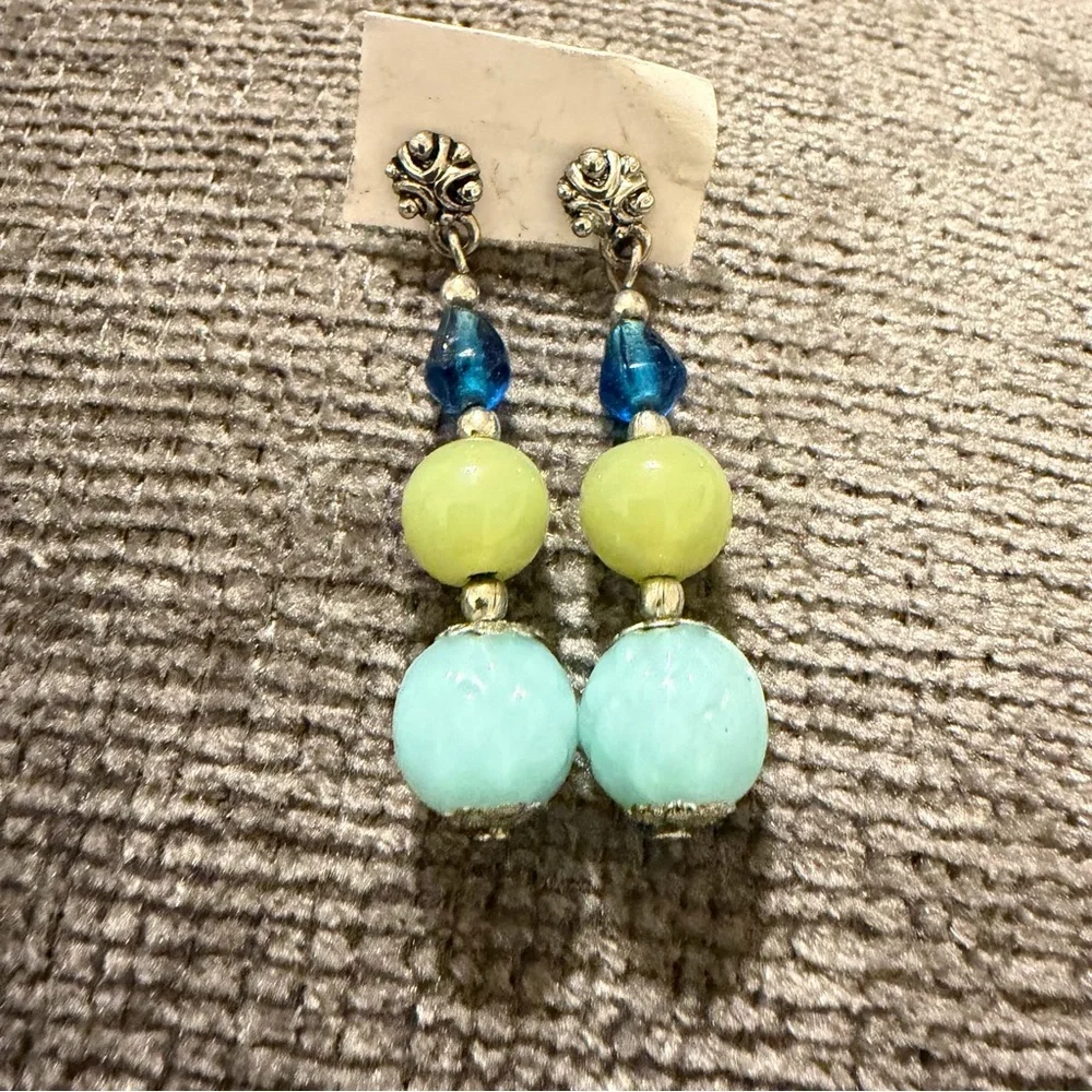 Silver, Blue and Green Beaded Earrings